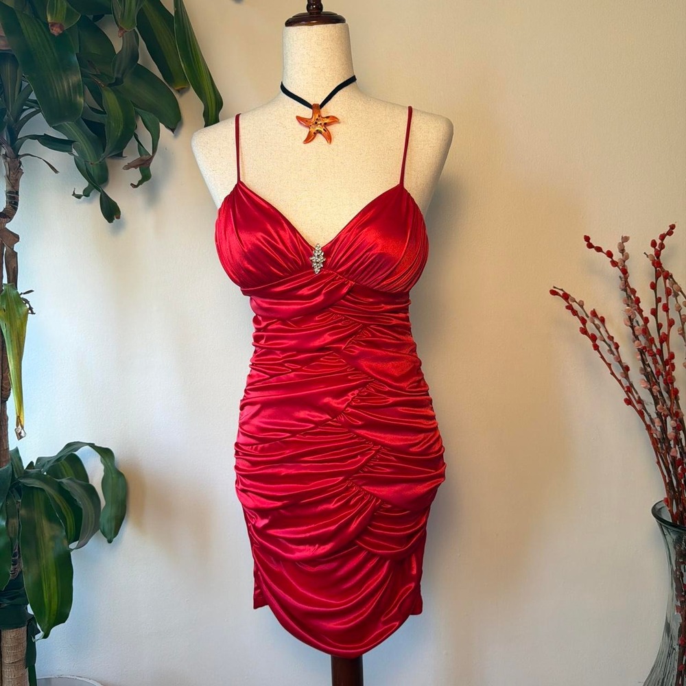 City Triangles Red Satin Y2K Ruched Homecoming Mini Dress Medium